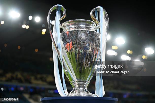 Detailed view of the UEFA Champions League Trophy is seen prior to the UEFA Champions League match between Manchester City and BSC Young Boys at...