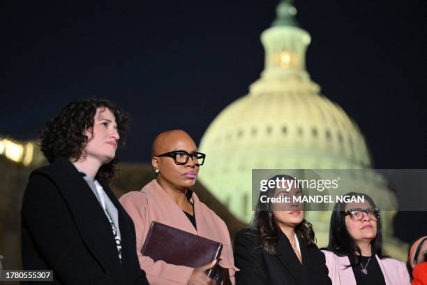 Representative Ayanna Pressley, D-MA, US Representative Alexandria Ocasio-Cortez,D-NY, and US Representative Rashida Tlaib, D-MI, attend a rabbis...