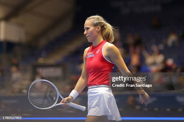 Viktorija Golubic of Team Switzerland looks on during the Billie Jean King Cup Finals group stage match between Switzerland and Czech Republic at...