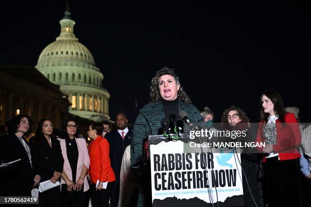 Rabbi Alissa Wise speaks during a press conference to call for a ceasefire between Israel and Hamas between Israel and Palestinian militant group...