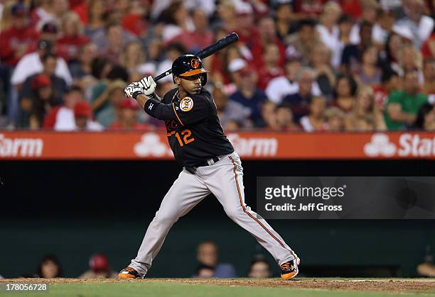Alexi Casilla of the Baltimore Orioles bats against the Los Angeles Angels of Anaheim at Angel Stadium of Anaheim on May 3, 2013 in Anaheim,...