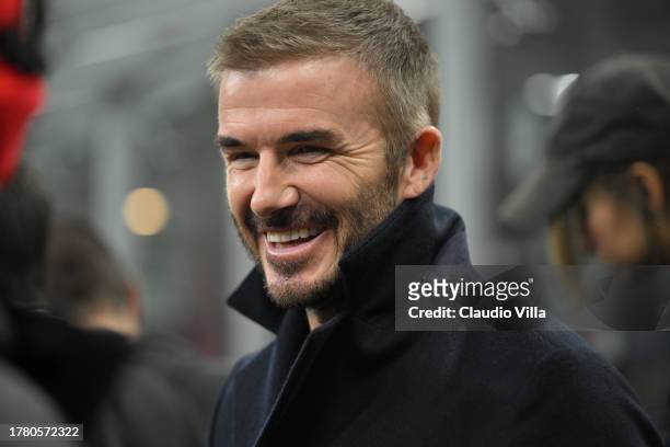 David Beckham attends before the UEFA Champions League match between AC Milan and Paris Saint-Germain at Stadio Giuseppe Meazza on November 07, 2023...
