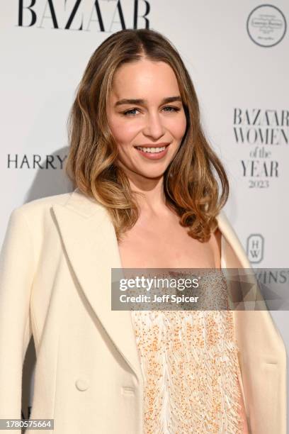 Emilia Clarke arrives at the Harper's Bazaar Women Of The Year Awards 2023 at The Ballroom of Claridge’s on November 07, 2023 in London, England.