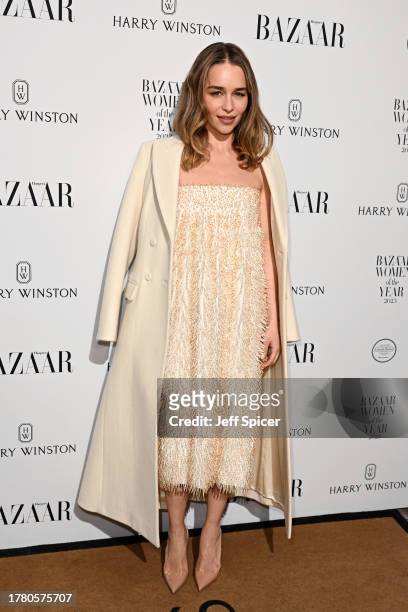 Emilia Clarke arrives at the Harper's Bazaar Women Of The Year Awards 2023 at The Ballroom of Claridge’s on November 07, 2023 in London, England.