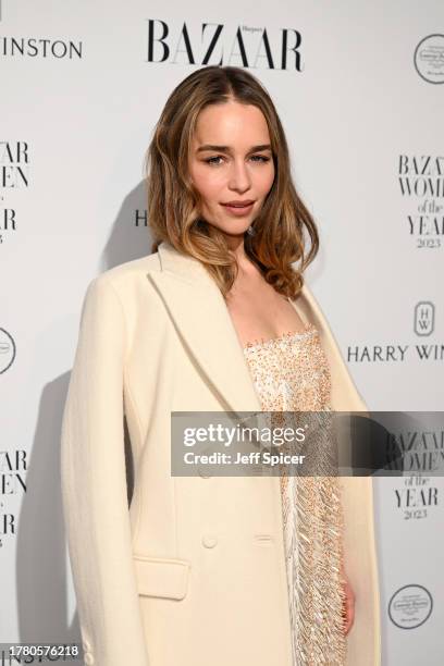 Emilia Clarke arrives at the Harper's Bazaar Women Of The Year Awards 2023 at The Ballroom of Claridge’s on November 07, 2023 in London, England.