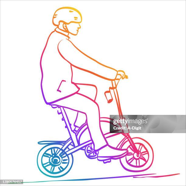 riding foldable bicycles blackboard rainbow - man folding clothes stock illustrations