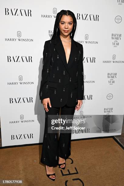 India Amarteifio arrives at the Harper's Bazaar Women Of The Year Awards 2023 at The Ballroom of Claridge’s on November 07, 2023 in London, England.