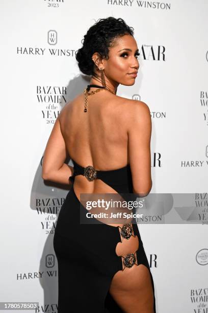 Vick Hope arrives at the Harper's Bazaar Women Of The Year Awards 2023 at The Ballroom of Claridge’s on November 07, 2023 in London, England.