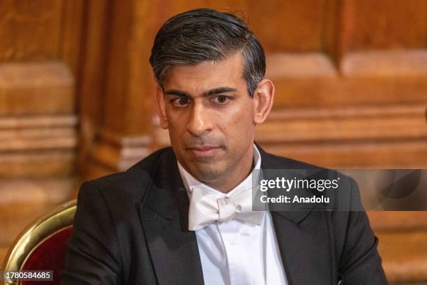 British Prime Minister Rishi Sunak attends the Lord Mayors Banquet in the Great Hall of Guildhall in London, United Kingdom on November 13, 2023.