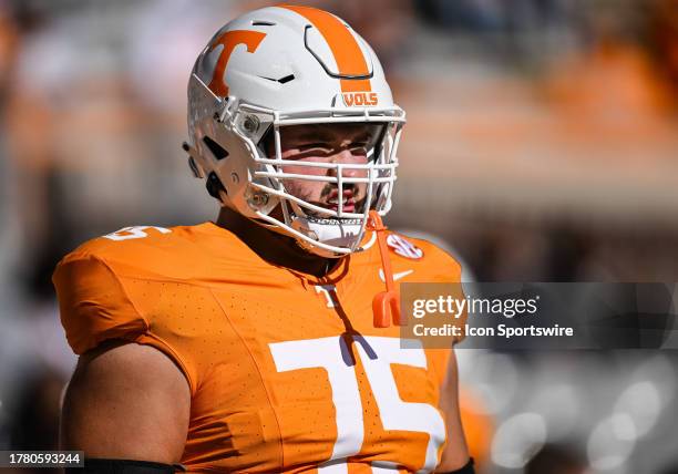 Tennessee Volunteers offensive lineman Jackson Lampley looks on during warmups before the college football game between the Tennessee Volunteers and...