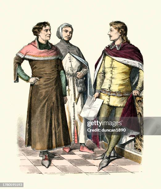 english merchants and nobleman of the 14th century, medieval fashions, period costumes - graphic print stock illustrations