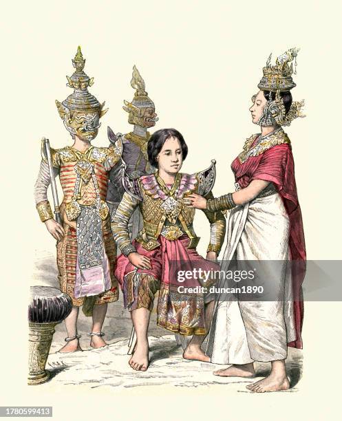 ilustraciones, imágenes clip art, dibujos animados e iconos de stock de trajes de moda tradicionales de tailandia, siam, actores y actrices tailandeses, siglo 19 - cultura tailandesa