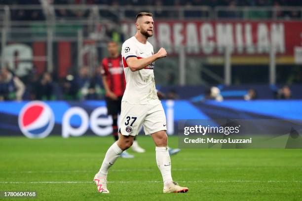 Milan Skriniar of Paris Saint-Germain celebrates after scoring the team's first goal during the UEFA Champions League match between AC Milan and...