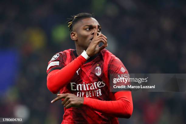 Rafael Leao of AC Milan celebrates after scoring the team's first goal during the UEFA Champions League match between AC Milan and Paris...