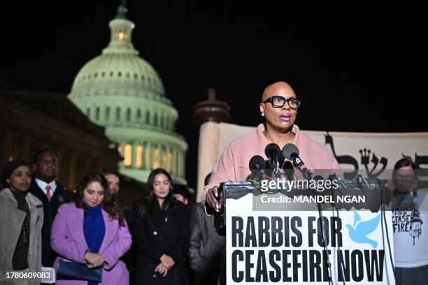 Representative Ayanna Pressley, D-MA, speaks during a rabbis news conference calling for a ceasefire between Israel and Hamas, on Capitol Hill in...