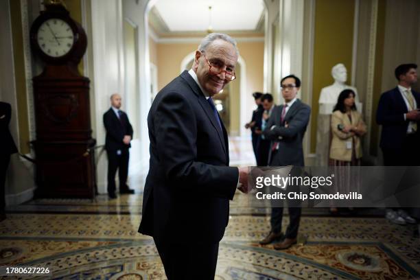 Senate Majority Leader Charles Schumer talks to reporters following the weekly Senate Democratic policy luncheon at the U.S. Capitol on November 07,...
