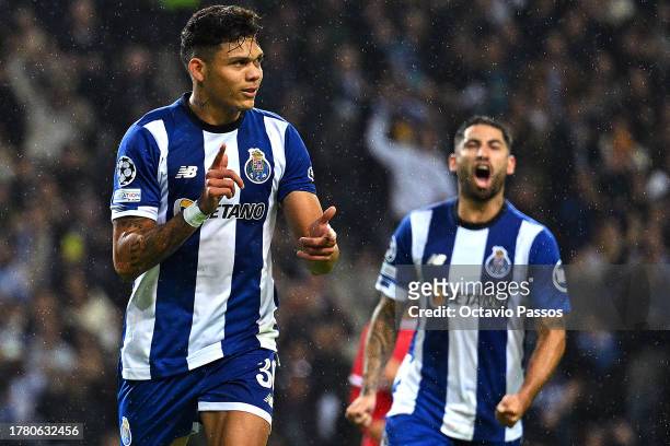 Evanilson of FC Porto of FC Porto celebrates after scoring the team's first goal from a penalty kick during the UEFA Champions League match between...