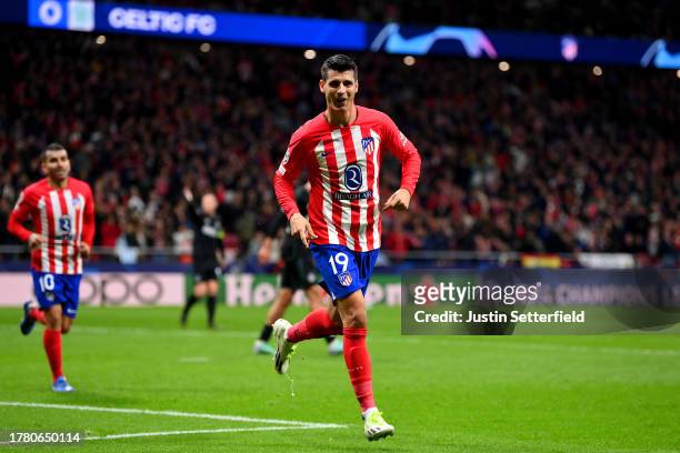 Alvaro Morata of Atletico Madrid celebrates after scoring the team's second goal during the UEFA Champions League match between Atletico Madrid and...