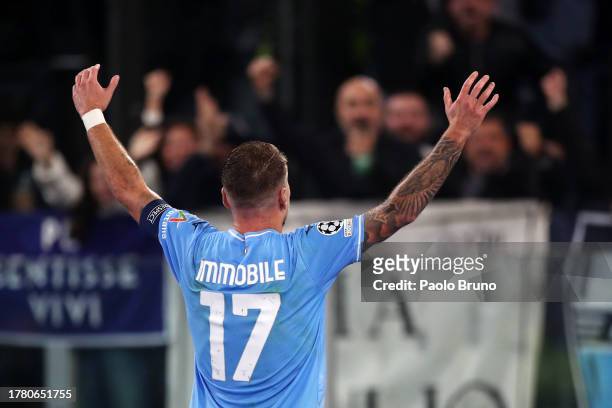 Ciro Immobile of SS Lazio celebrates after scoring the team's first goal during the UEFA Champions League match between SS Lazio and Feyenoord at...