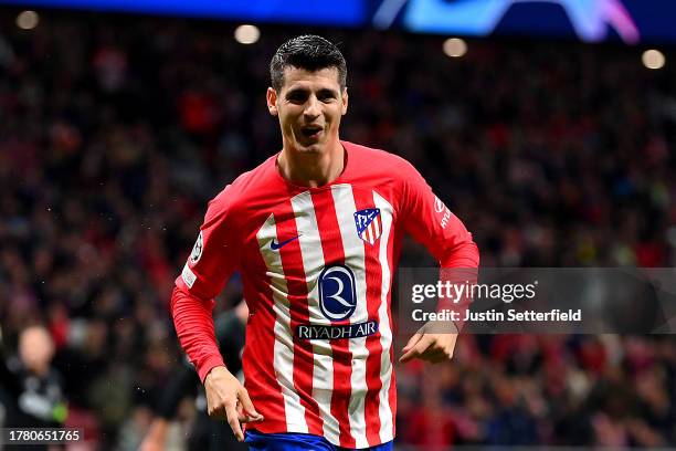 Alvaro Morata of Atletico Madrid celebrates after scoring the team's second goal during the UEFA Champions League match between Atletico Madrid and...