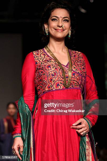 Juhi Chawla showcases designs by Shruti Sancheti during day 4 of Lakme Fashion Week Winter/Festive 2013 at the Hotel Grand Hyatt on August 26, 2013...