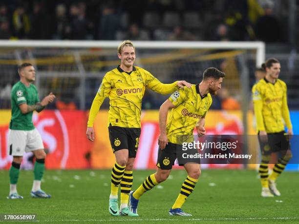 Julian Brandt of Borussia Dortmund celebrates scoring a goal during the UEFA Champions League match between Borussia Dortmund and Newcastle United at...