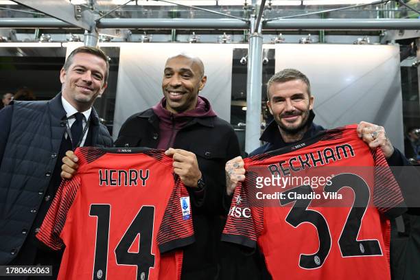 Maikel Oettle, David Beckham and Thierry Henry attend before the UEFA Champions League match between AC Milan and Paris Saint-Germain at Stadio...