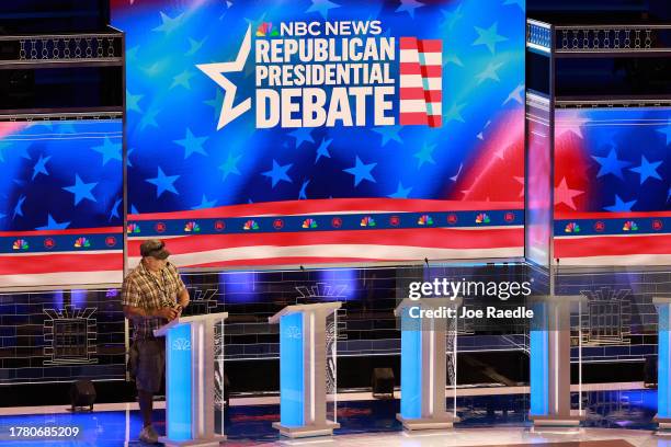 The stage is prepared for the third Republican Presidential Primary Debate at the Adrienne Arsht Center for the Performing Arts of Miami-Dade County...