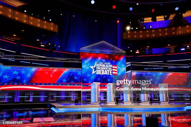 The stage is prepared for the third Republican Presidential Primary Debate at the Adrienne Arsht Center for the Performing Arts of Miami-Dade County...