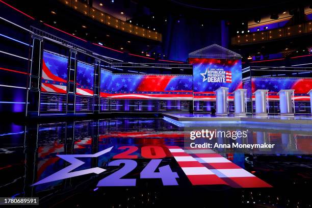 The stage is prepared for the third Republican Presidential Primary Debate at the Adrienne Arsht Center for the Performing Arts of Miami-Dade County...