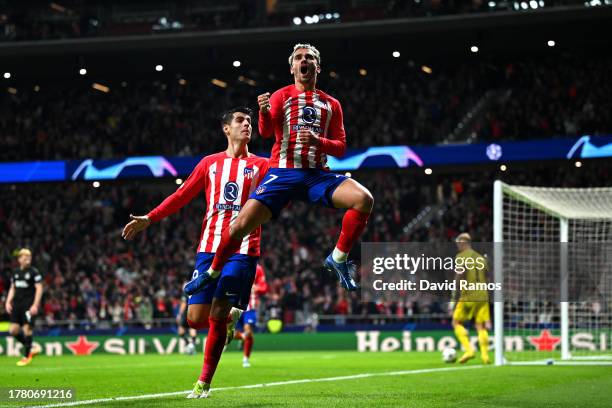 Antoine Griezmann of Atletico Madrid celebrates after scoring the team's third goal during the UEFA Champions League match between Atletico Madrid...