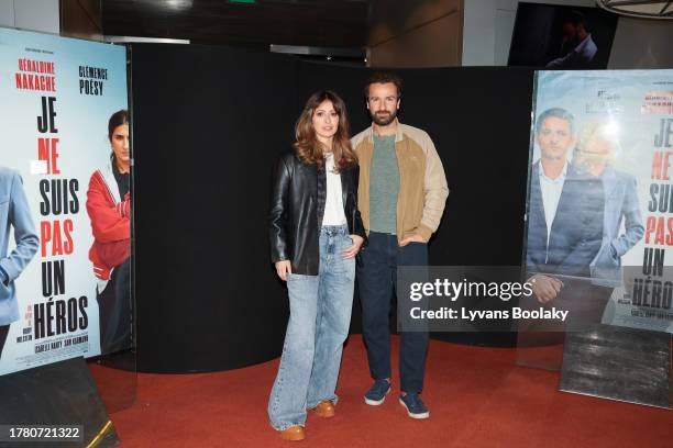 Baya Rehaz and Amaury de Crayencour attend the "Je Ne Suis Pas Un Heros" Premiere at Cinema UGC Cine Cite Bercy on November 7, 2023 in Paris, France.