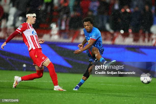 Lois Openda of RB Leipzig scores the team's second goal during the UEFA Champions League match between FK Crvena zvezda and RB Leipzig at Stadion...