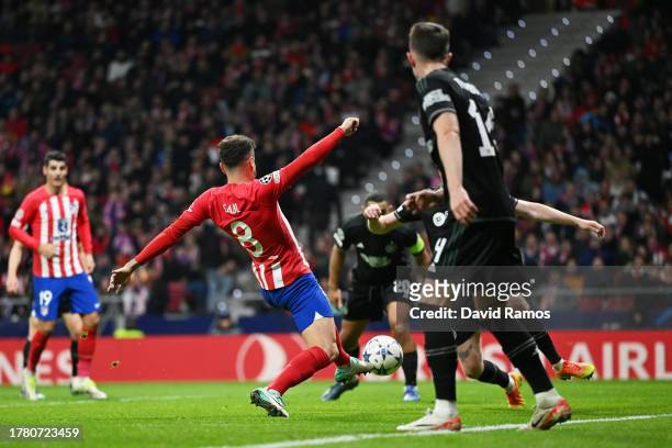 Saul Niguez of Atletico Madrid scores the team's sixth goal during the UEFA Champions League match between Atletico Madrid and Celtic FC at Civitas...