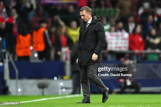 Brendan Rodgers, Manager of Celtic, looks dejected after the team's defeat in the UEFA Champions League match between Atletico Madrid and Celtic FC...