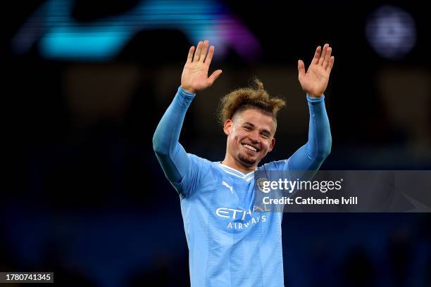 Kalvin Phillips of Manchester City acknowledges the fans after the team's victory during the UEFA Champions League match between Manchester City and...