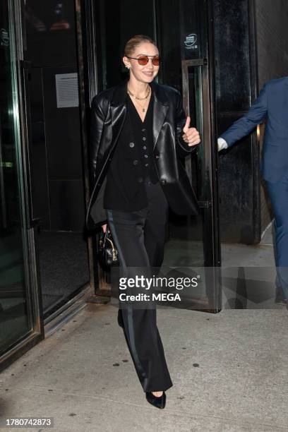 Gigi Hadid is seen leaving Ivan Bart's Memorial on November 13, 2023 in New York, New York.