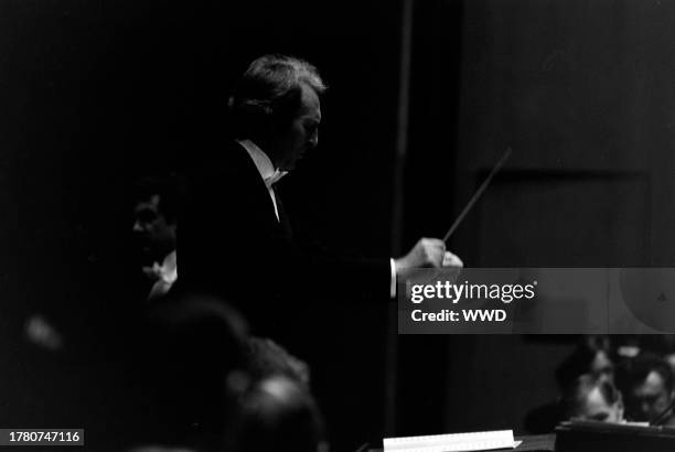 Carlo Maria Giulini conducts the Los Angeles Philharmonic during a benefit performance at the Los Angeles Music Center in Los Angeles, California, on...