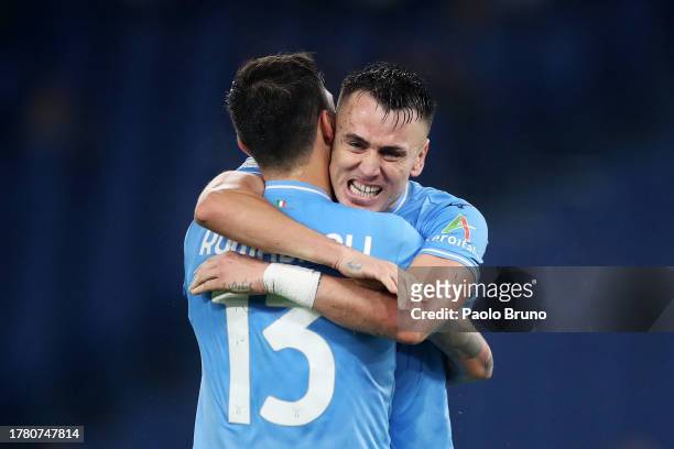 Alessio Romagnoli and Patric of SS Lazio celebrate after the team's victory during the UEFA Champions League match between SS Lazio and Feyenoord at...