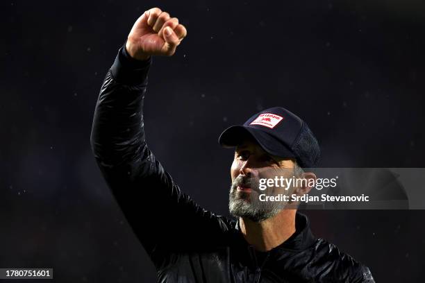 Marco Rose, Head Coach of RB Leipzig, celebrates towards the fans after the team's victory during the UEFA Champions League match between FK Crvena...