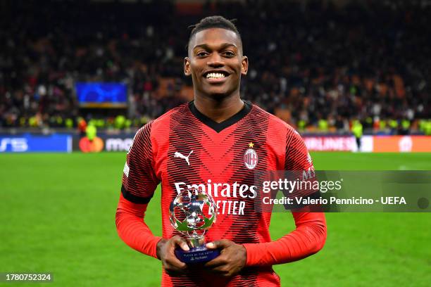 Rafael Leao of AC Milan poses for a photo with the PlayStation Player Of The Match award after the team's victory in the UEFA Champions League match...