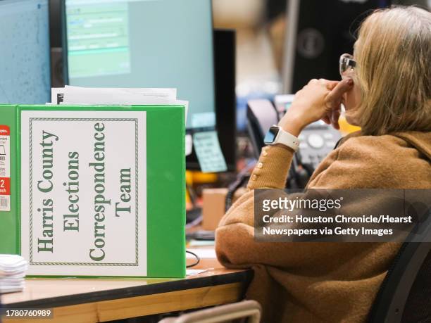 An Harris County Clerk election employee works at a call-in center on Wednesday, Nov. 1, 2023 in Houston.