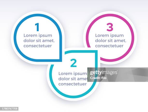 illustrations, cliparts, dessins animés et icônes de conception de bulles de dialogue de cercle d’infographie en trois étapes - trois objets