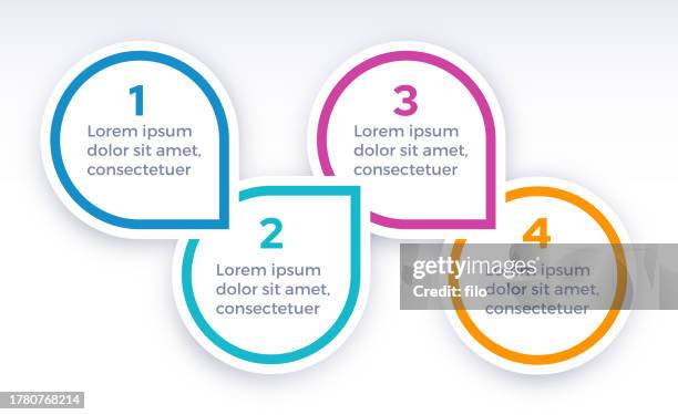 four step infographic circle speech bubble design - four objects stock illustrations