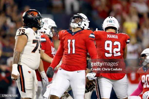 Linebacker Taylor Upshaw of the Arizona Wildcats reacts after a sack during the game against the Oregon State Beavers at Arizona Stadium on October...