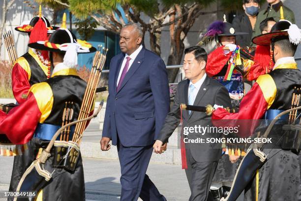 Secretary of Defense Lloyd Austin and South Korean Defence Minister Shin Won-sik attend a welcome ceremony before their defence ministerial meeting...