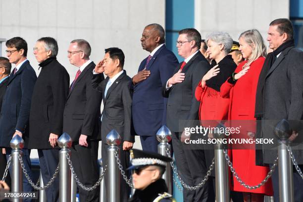 Secretary of Defense Lloyd Austin and South Korean Defence Minister Shin Won-sik attend a welcome ceremony before their defence ministerial meeting...