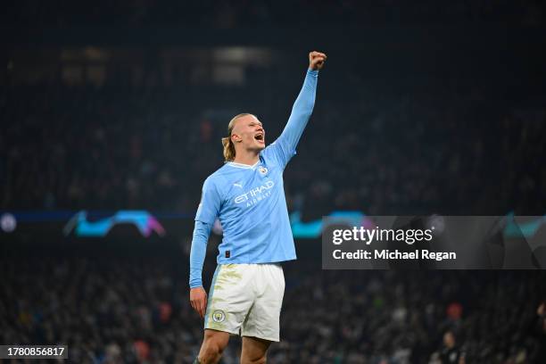 Erling Haaland celebrates scoring his 2nd goal to make it 3-0 during the UEFA Champions League match between Manchester City and BSC Young Boys at...