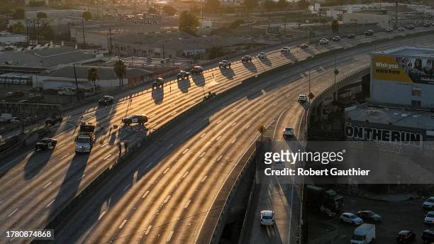 Los Angeles, CA, Monday, November 13, 2023 - Aerial views of the 10 Freeway days after a large pallet fire burned below, shutting the freeway to...