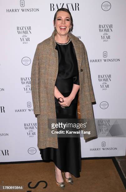 Olivia Colman arrives at the Harper's Bazaar Women Of The Year Awards 2023 at The Ballroom of Claridge’s on November 07, 2023 in London, England.